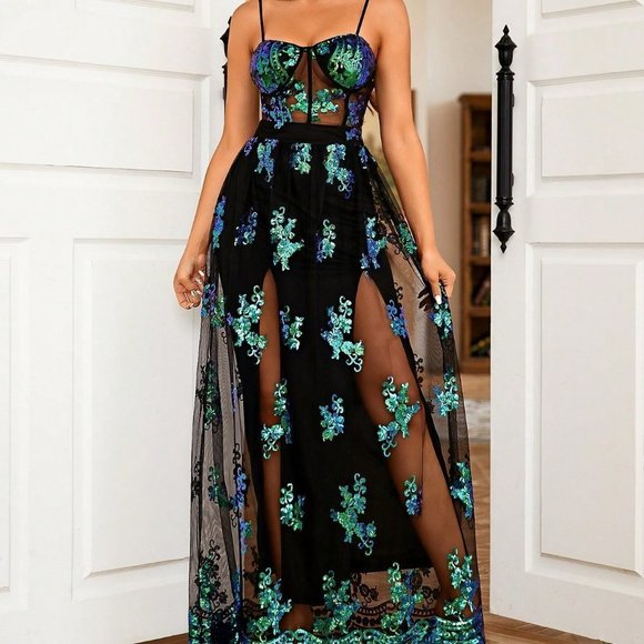 . Dresses & Skirts - Green Preppy Womens Floral Sequin Mesh Overlay Cami Party Dress